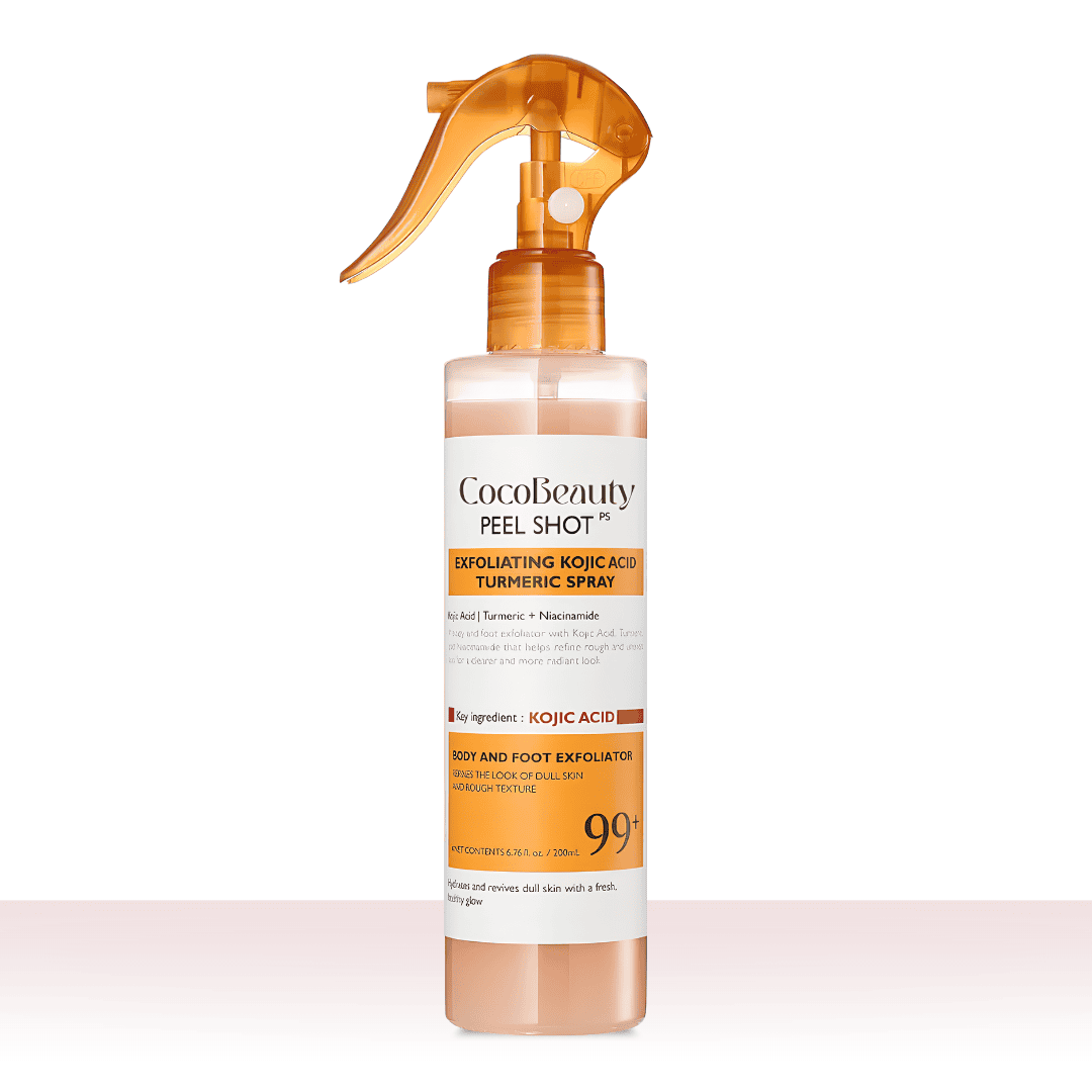 MI'VORA Body Peeling Spray met kojinezuur en kurkuma – vooraanzicht van de fles