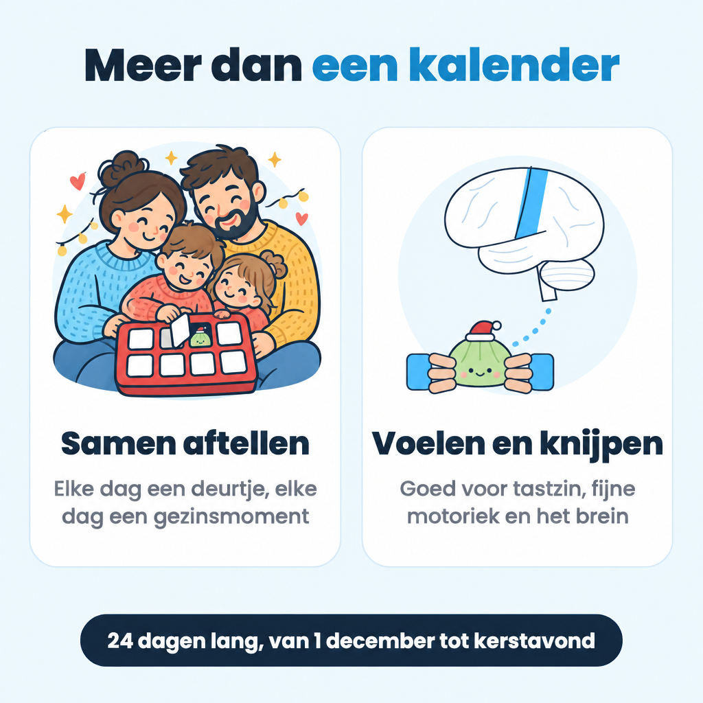 Meer dan een kalender: een gezin telt samen af, en voelen en knijpen is goed voor tastzin, fijne motoriek en het brein