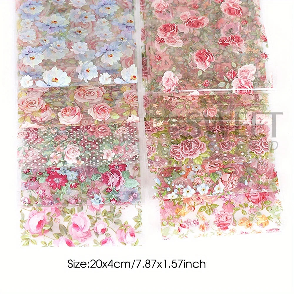 10 STUKS Gemengde Nail Art Folies Transfer Sticker Set. Rose Bloem Ontwerpen. Bloemen Sterrenhemel. Nail Wraps Romantische Sfeer.