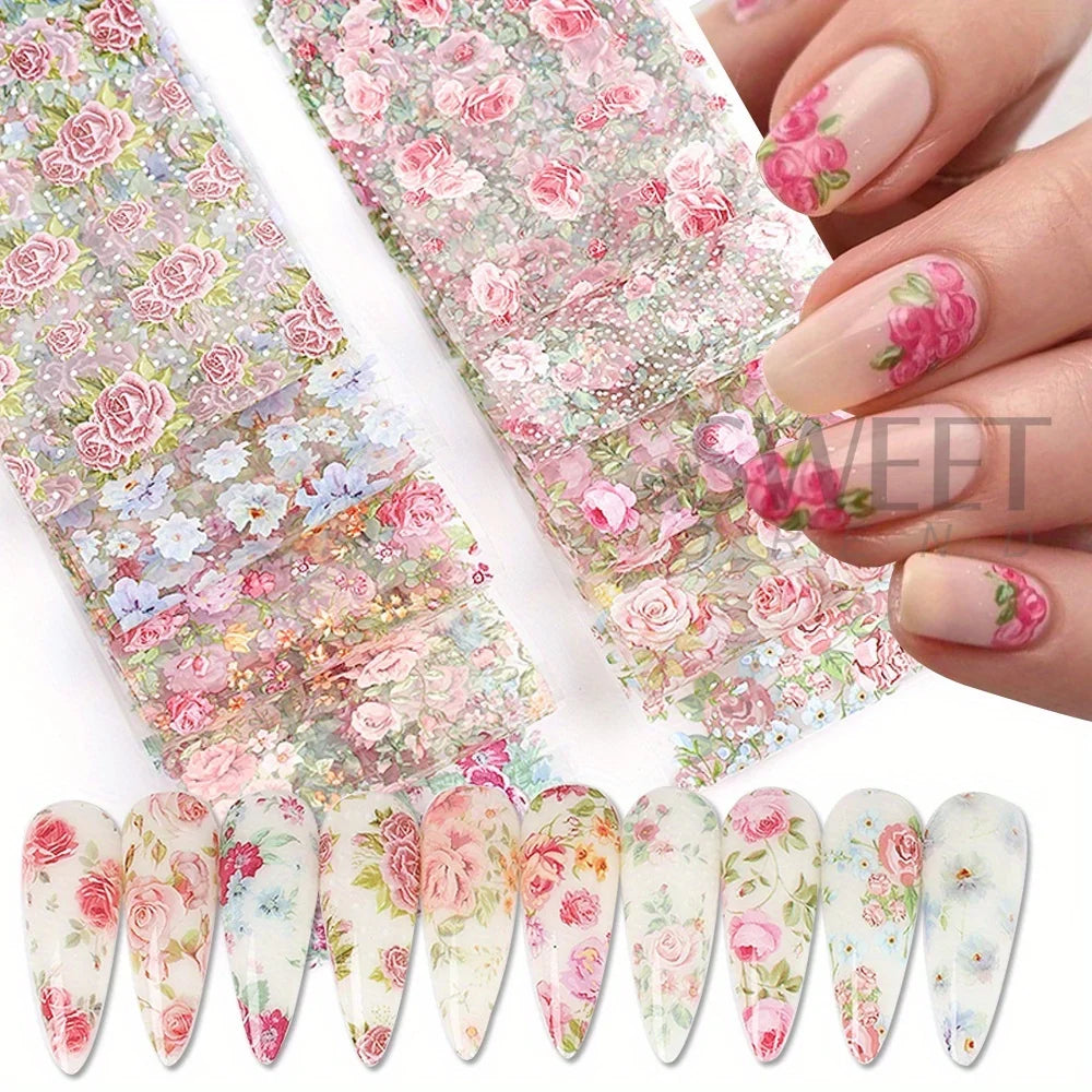 10 STUKS Gemengde Nail Art Folies Transfer Sticker Set. Rose Bloem Ontwerpen. Bloemen Sterrenhemel. Nail Wraps Romantische Sfeer.