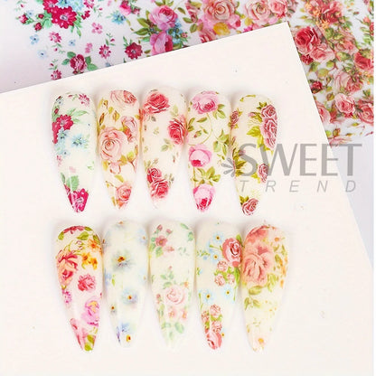 10 STUKS Gemengde Nail Art Folies Transfer Sticker Set. Rose Bloem Ontwerpen. Bloemen Sterrenhemel. Nail Wraps Romantische Sfeer.