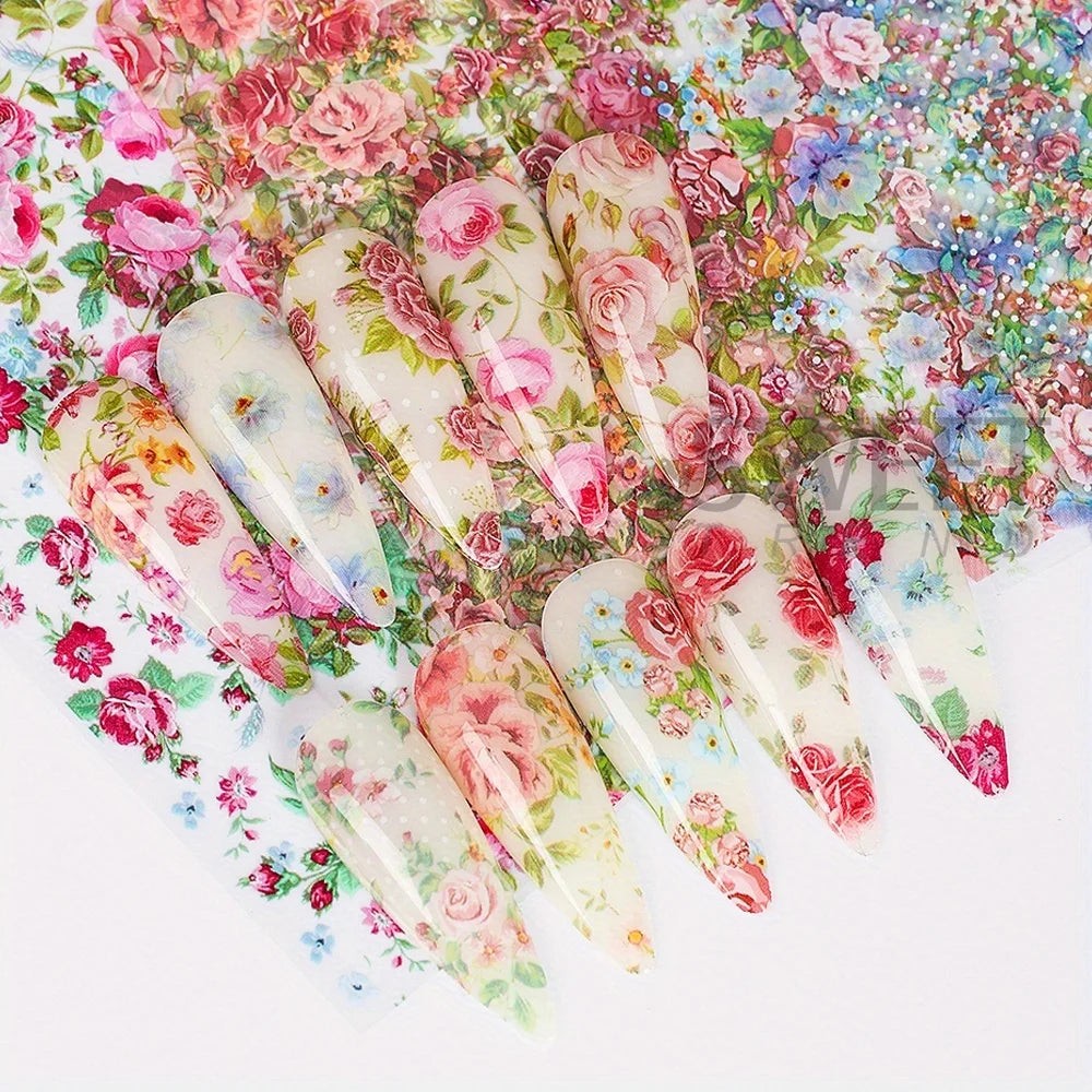 10 STUKS Gemengde Nail Art Folies Transfer Sticker Set. Rose Bloem Ontwerpen. Bloemen Sterrenhemel. Nail Wraps Romantische Sfeer.