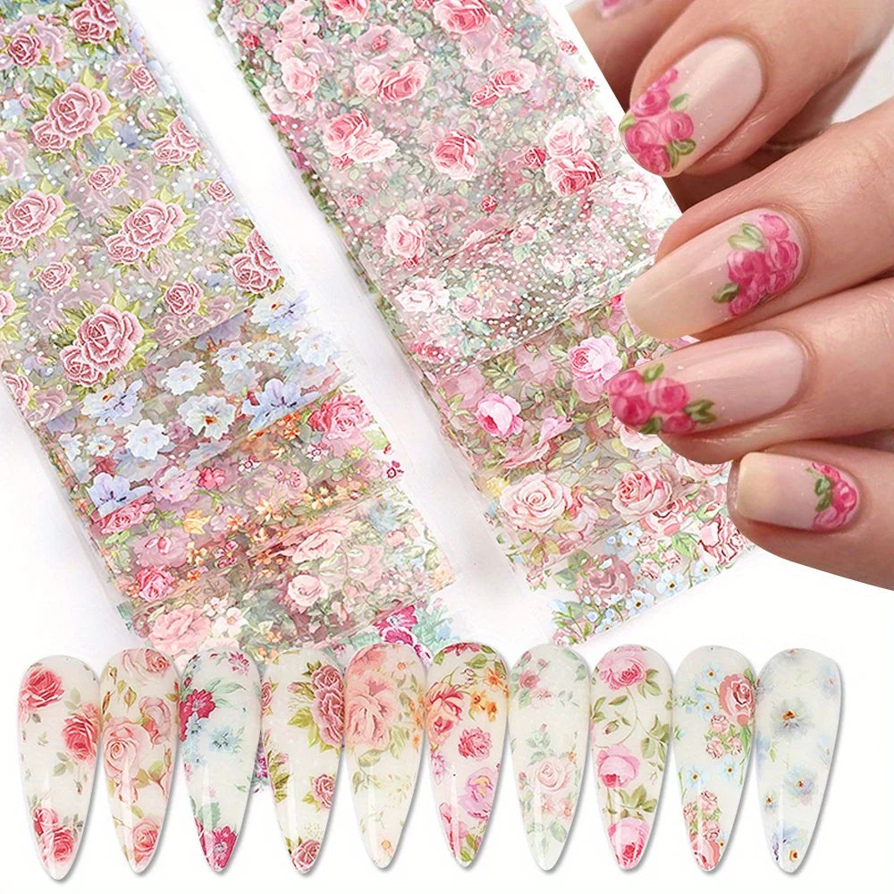 10 STUKS Gemengde Nail Art Folies Transfer Sticker Set. Rose Bloem Ontwerpen. Bloemen Sterrenhemel. Nail Wraps Romantische Sfeer.