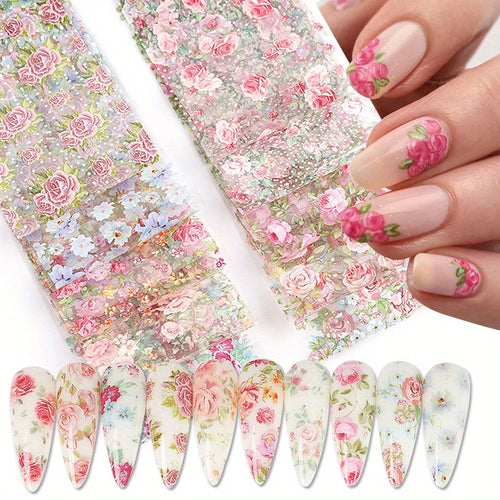 10 STUKS Gemengde Nail Art Folies Transfer Sticker Set. Rose Bloem Ontwerpen. Bloemen Sterrenhemel. Nail Wraps Romantische Sfeer.