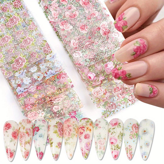 10 STUKS Gemengde Nail Art Folies Transfer Sticker Set. Rose Bloem Ontwerpen. Bloemen Sterrenhemel. Nail Wraps Romantische Sfeer.