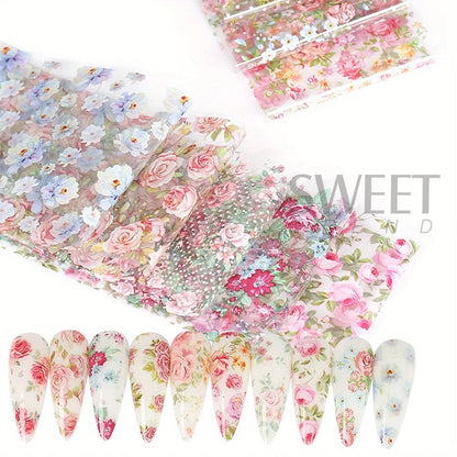 10 STUKS Gemengde Nail Art Folies Transfer Sticker Set. Rose Bloem Ontwerpen. Bloemen Sterrenhemel. Nail Wraps Romantische Sfeer.
