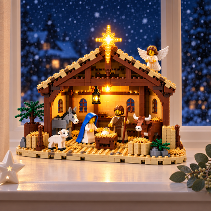 Kerststal Bouwset verlicht in de vensterbank