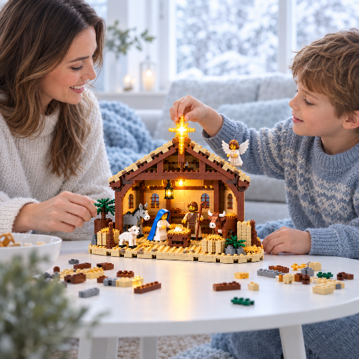 Moeder en zoon bouwen samen de Kerststal Bouwset