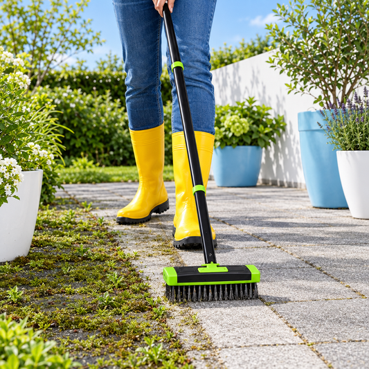Terras schoonmaken met de MIVORA onkruidborstel