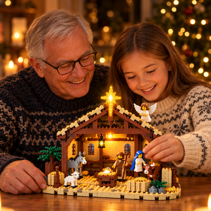 Opa en kleindochter bouwen samen de Kerststal Bouwset
