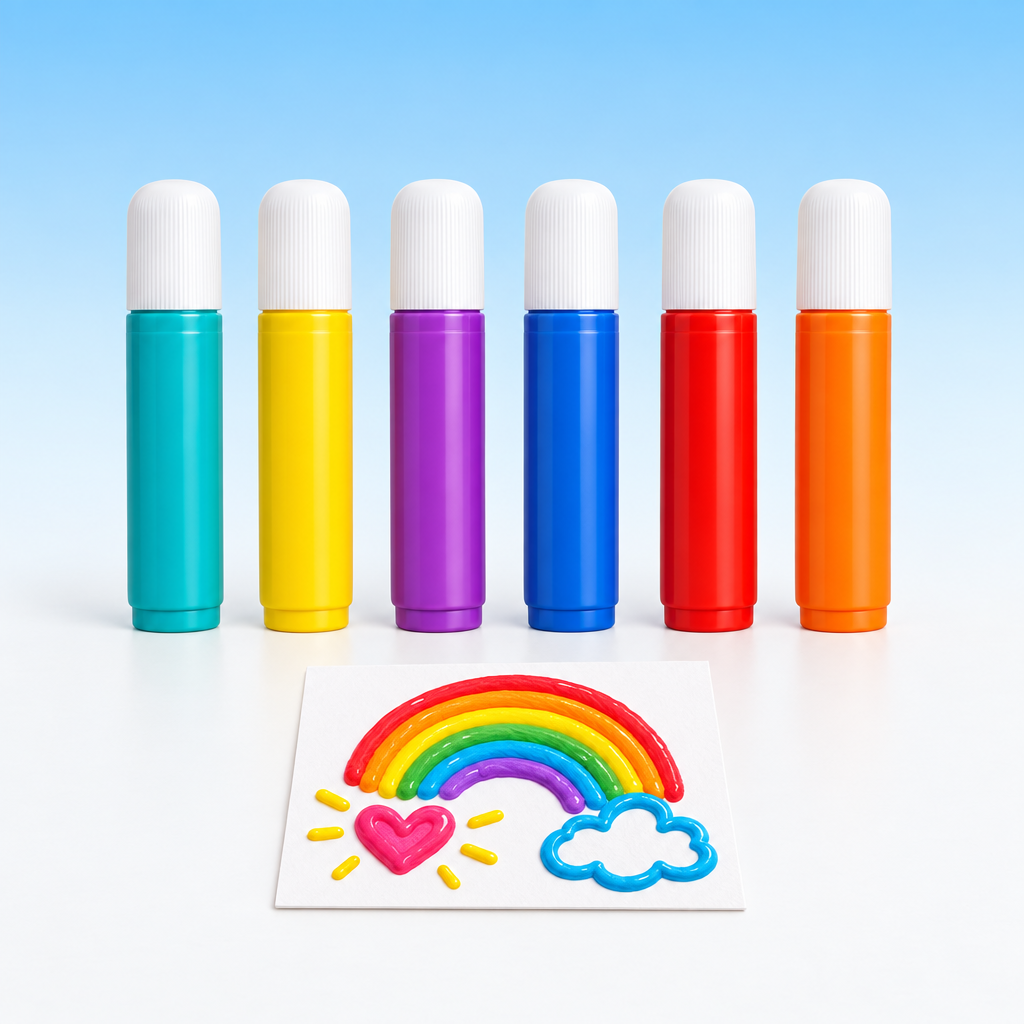 Zes 3D puffy pennen met een tekening in reliëf