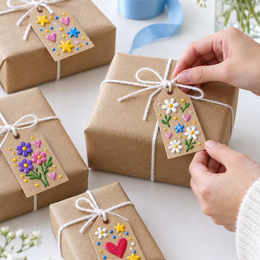 Cadeaulabels versierd met puffy pennen