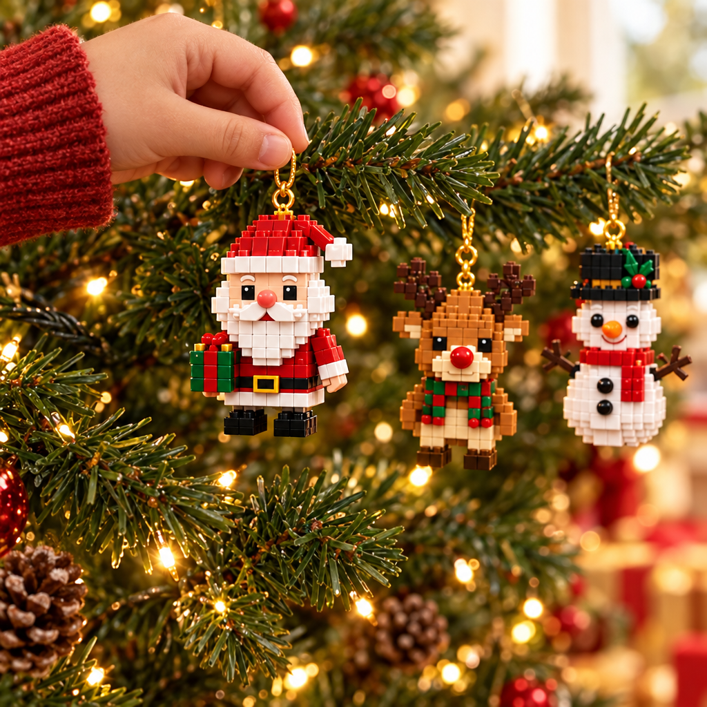 Mini kerstman van bouwsteentjes wordt in de kerstboom gehangen