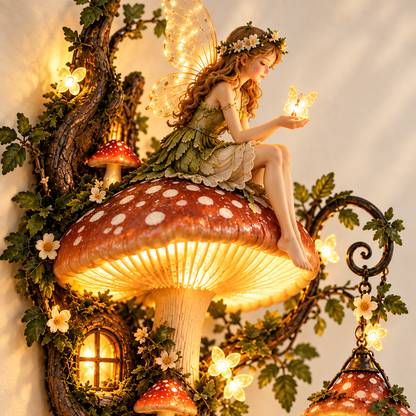 Close-up van het elfje op de verlichte paddenstoel