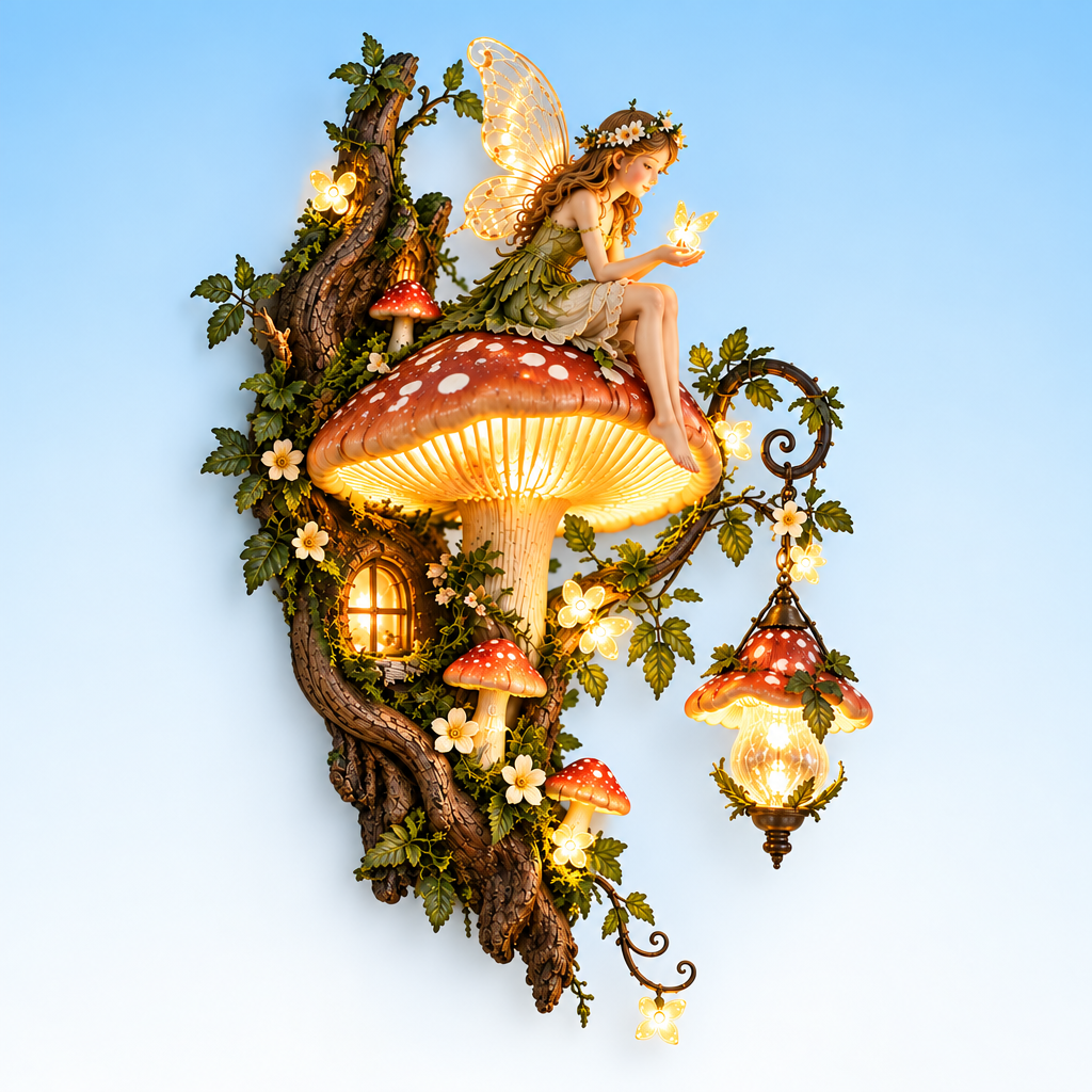 Sprookjesbos Wandlamp met paddenstoel en elfje