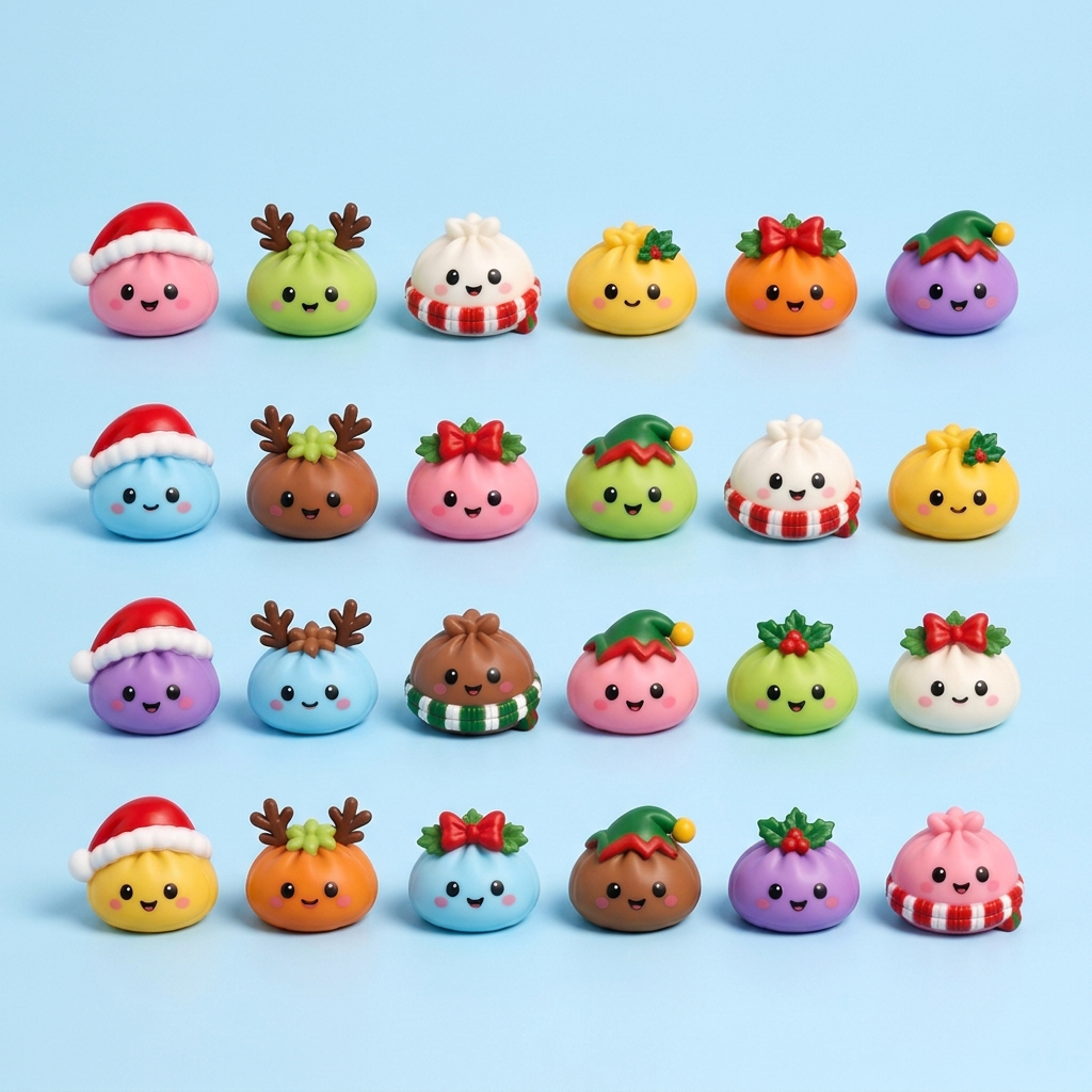 Alle 24 squishies uit de adventskalender naast elkaar