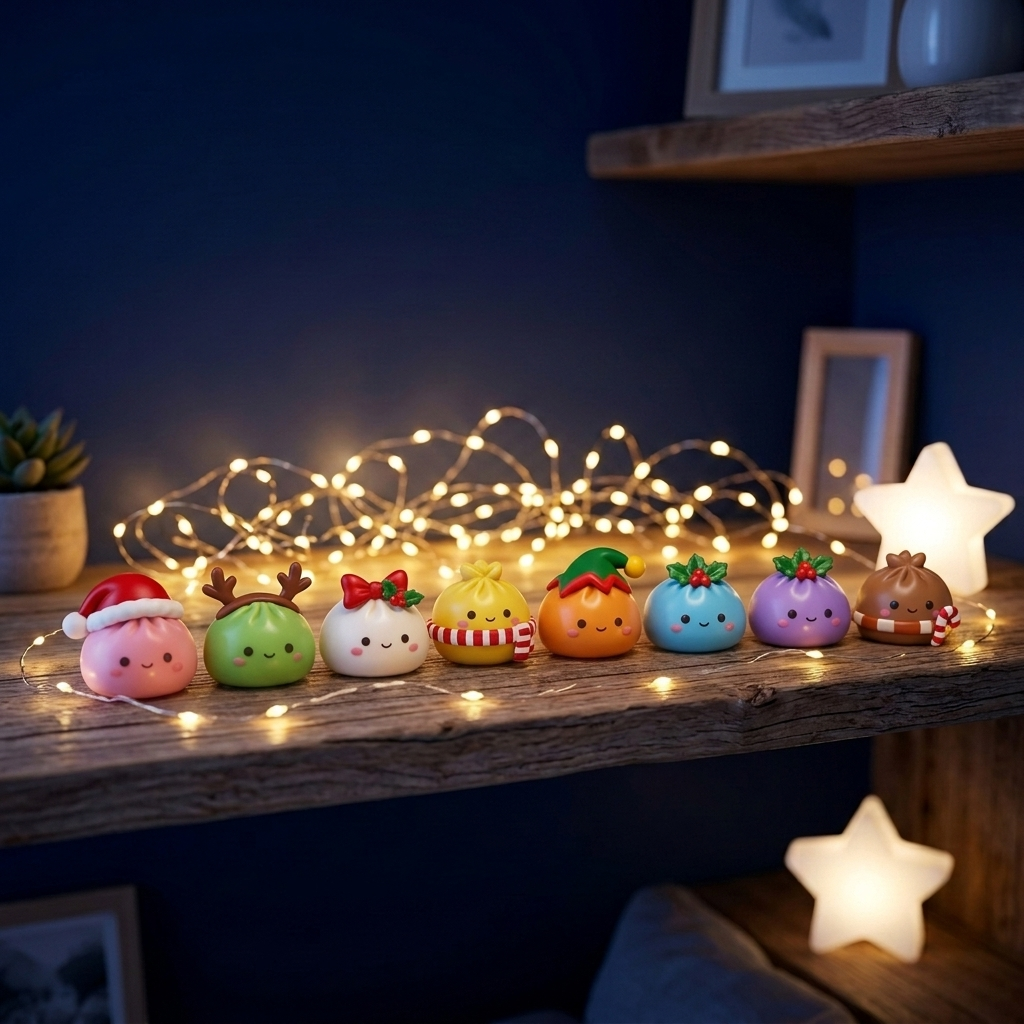 Squishies op een plank met lichtjes in de avond