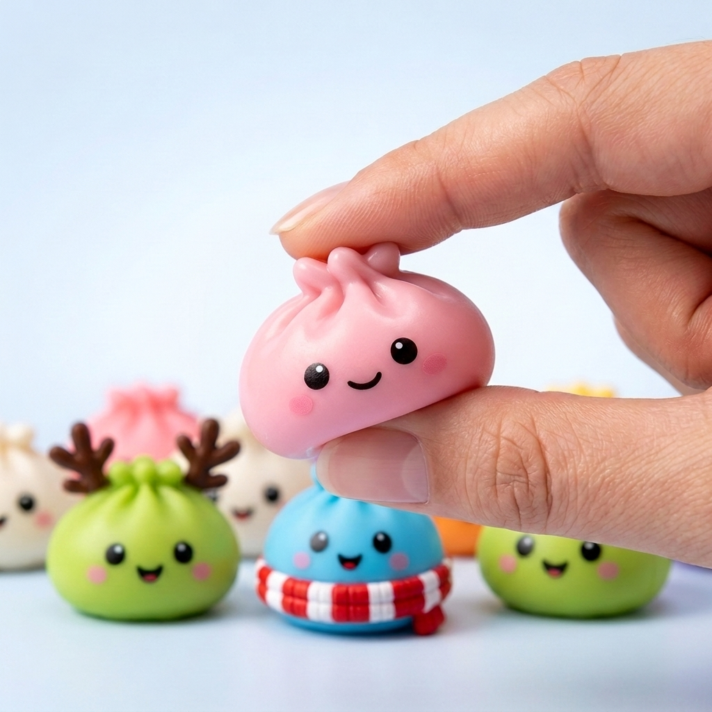 Zachte dumpling squishy met kerstmuts wordt ingedrukt