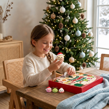 Meisje opent een deurtje van de Happy Squishy Adventskalender, squishies op ware grootte
