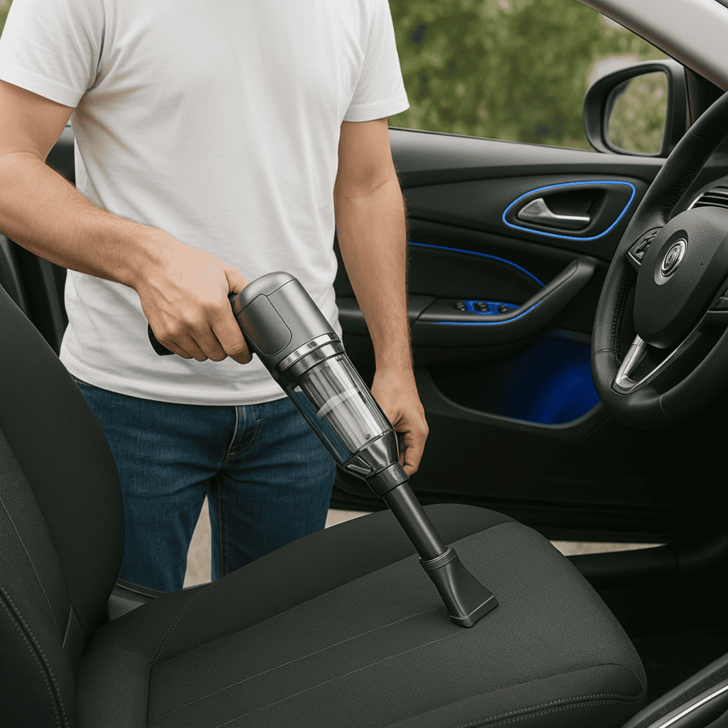 Man zuigt autostoel schoon met de draadloze MI'VORA A70 PRO autostofzuiger
