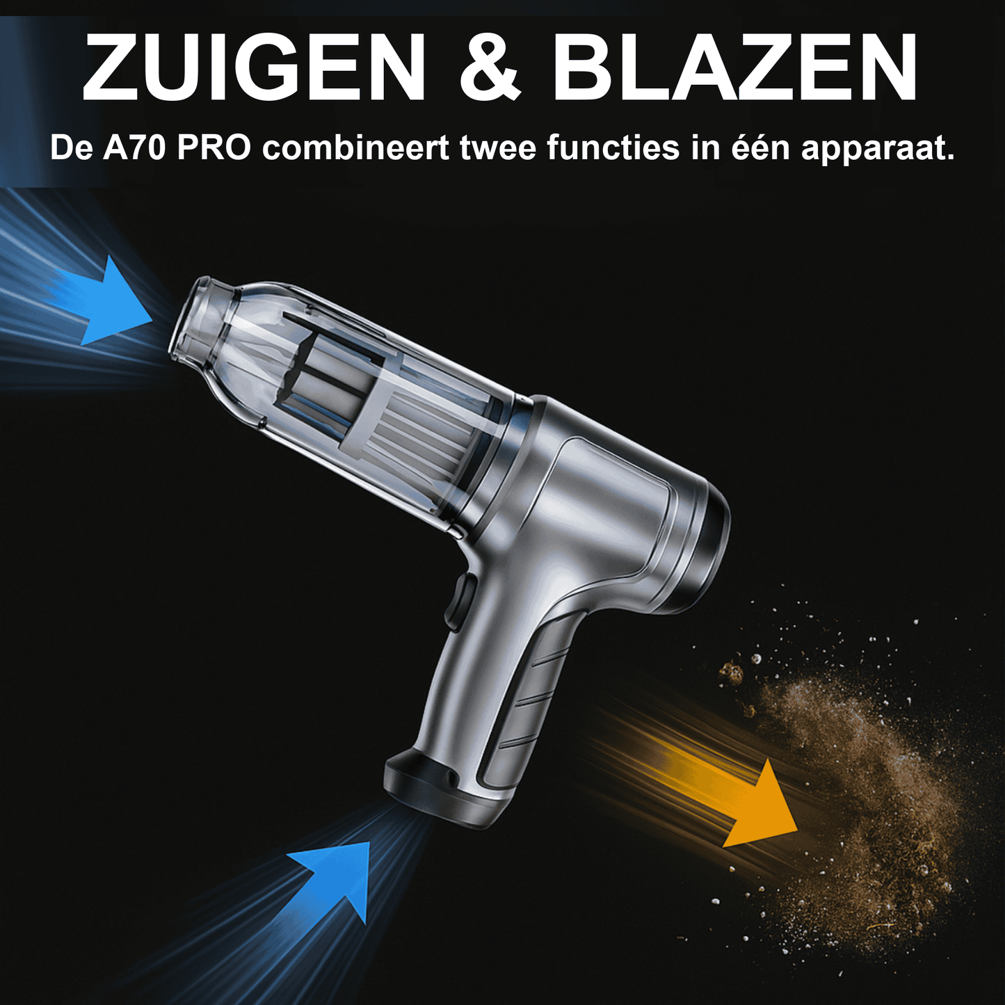 A70 PRO 2-in-1: zuigen en blazen voor moeilijk bereikbare plekken in de auto