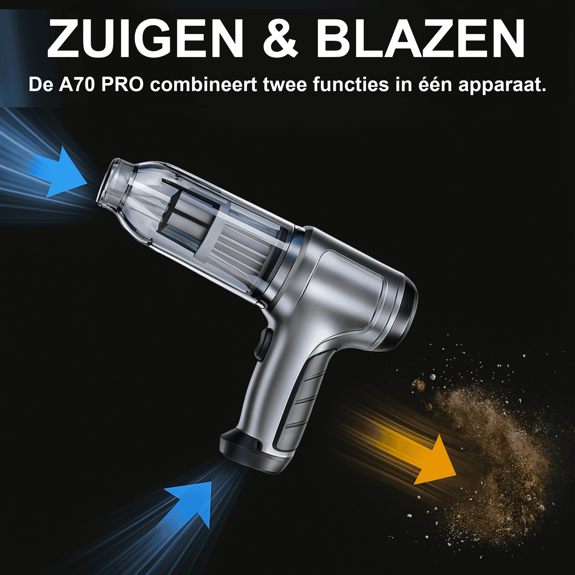 A70 PRO 2-in-1: zuigen en blazen voor moeilijk bereikbare plekken in de auto