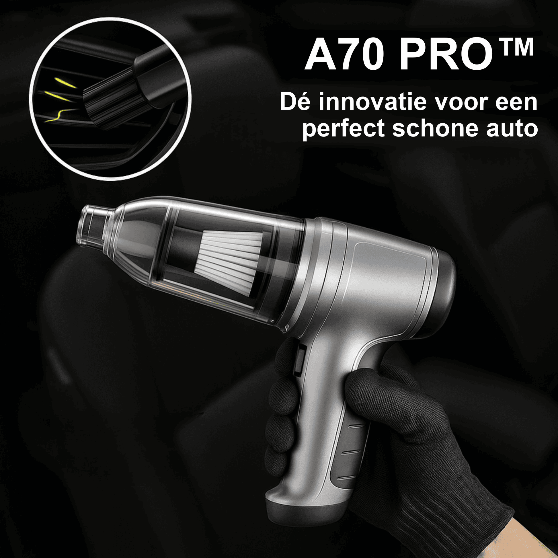 Borstelopzetstuk van de A70 PRO reinigt een ventilatierooster in de auto