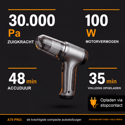 Specificaties A70 PRO: 30.000 Pa zuigkracht, 100 W motor, 48 minuten accuduur